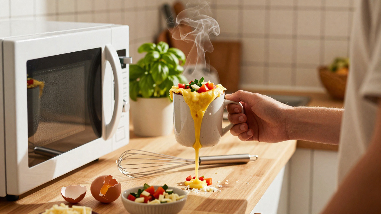 Mão segura caneca com omelete quente transbordando numa cozinha, com micro-ondas e ingredientes na bancada.
