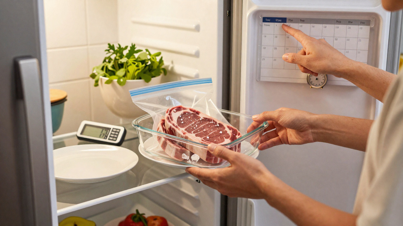 Pessoa coloca carne embalada num saco plástico dentro do frigorífico, olhando para um calendário na porta.