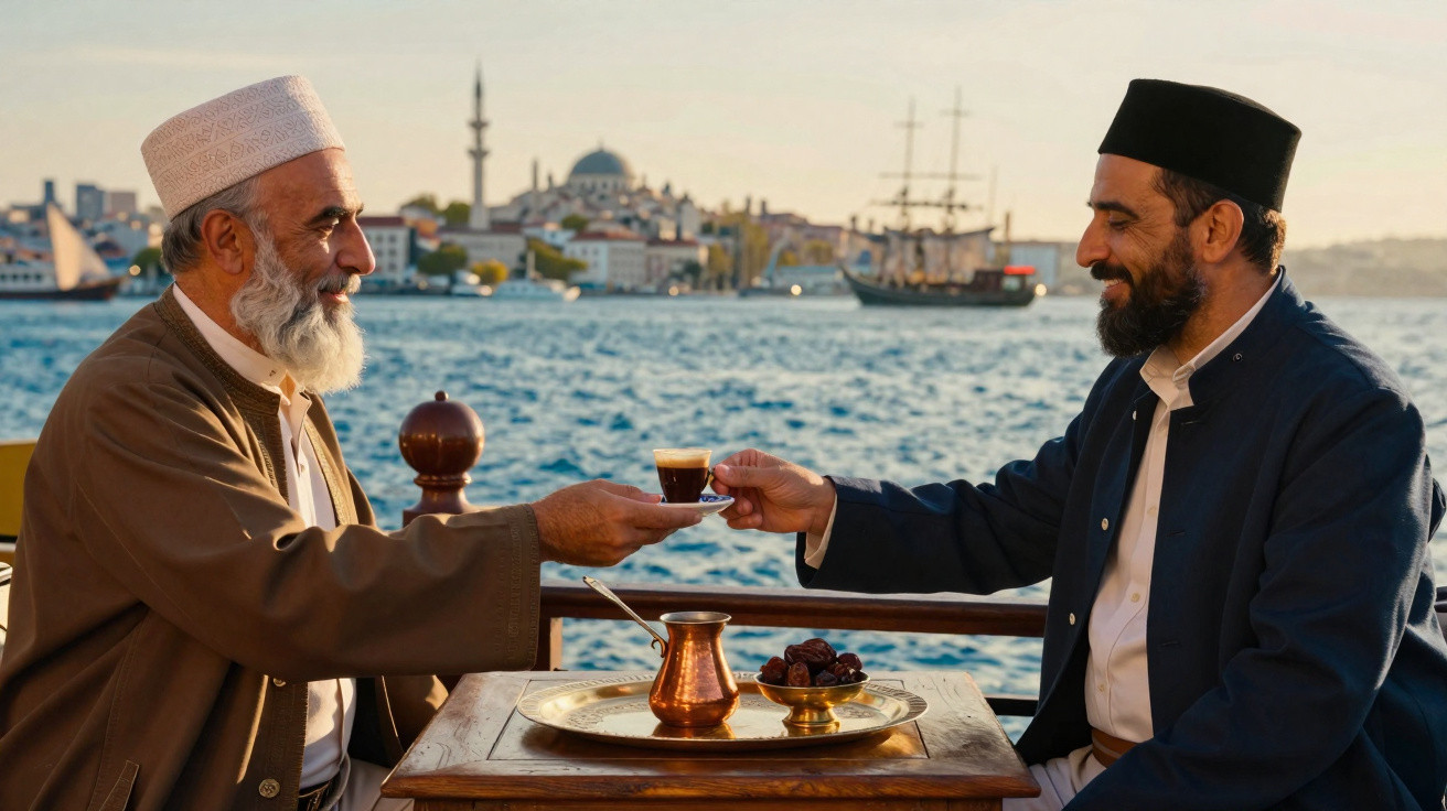 Dois homens vestidos com trajes tradicionais turcos a partilharem café junto ao mar ao pôr do sol.
