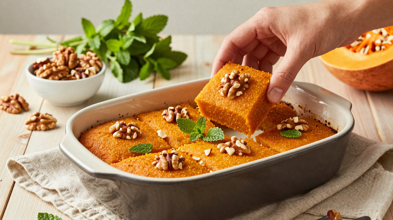 Mão a retirar um quadrado de bolinho dourado com nozes e hortelã num tabuleiro.