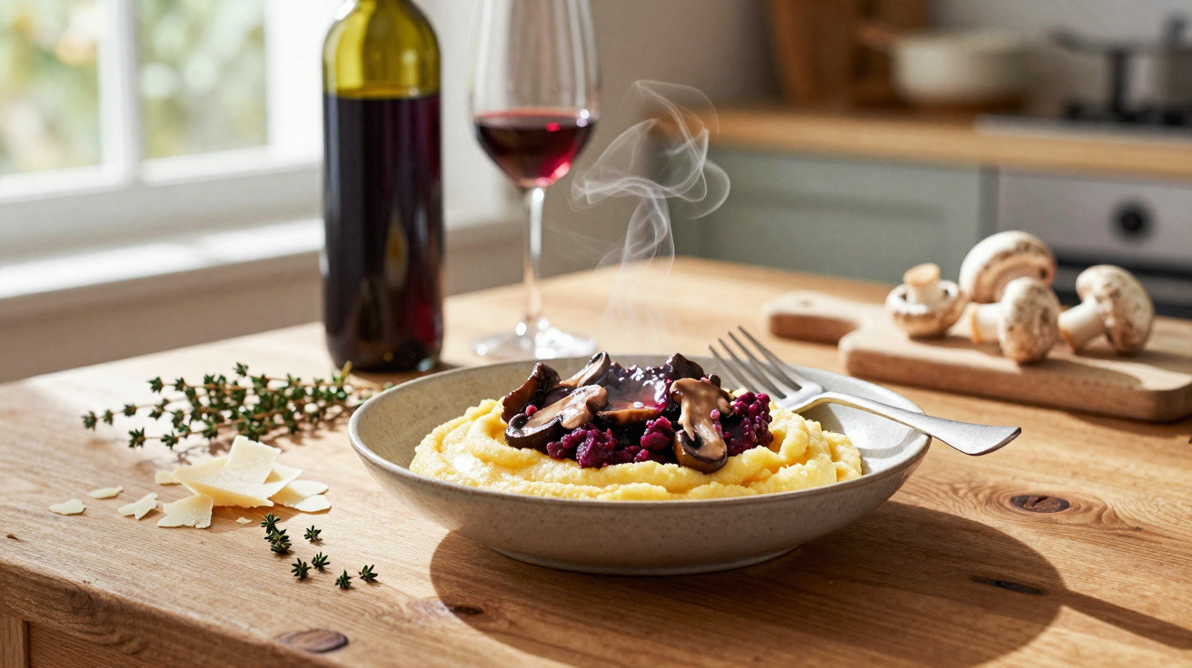 Prato de puré de batata com cogumelos e molho quente, com taça de vinho tinto e garrafa ao fundo.