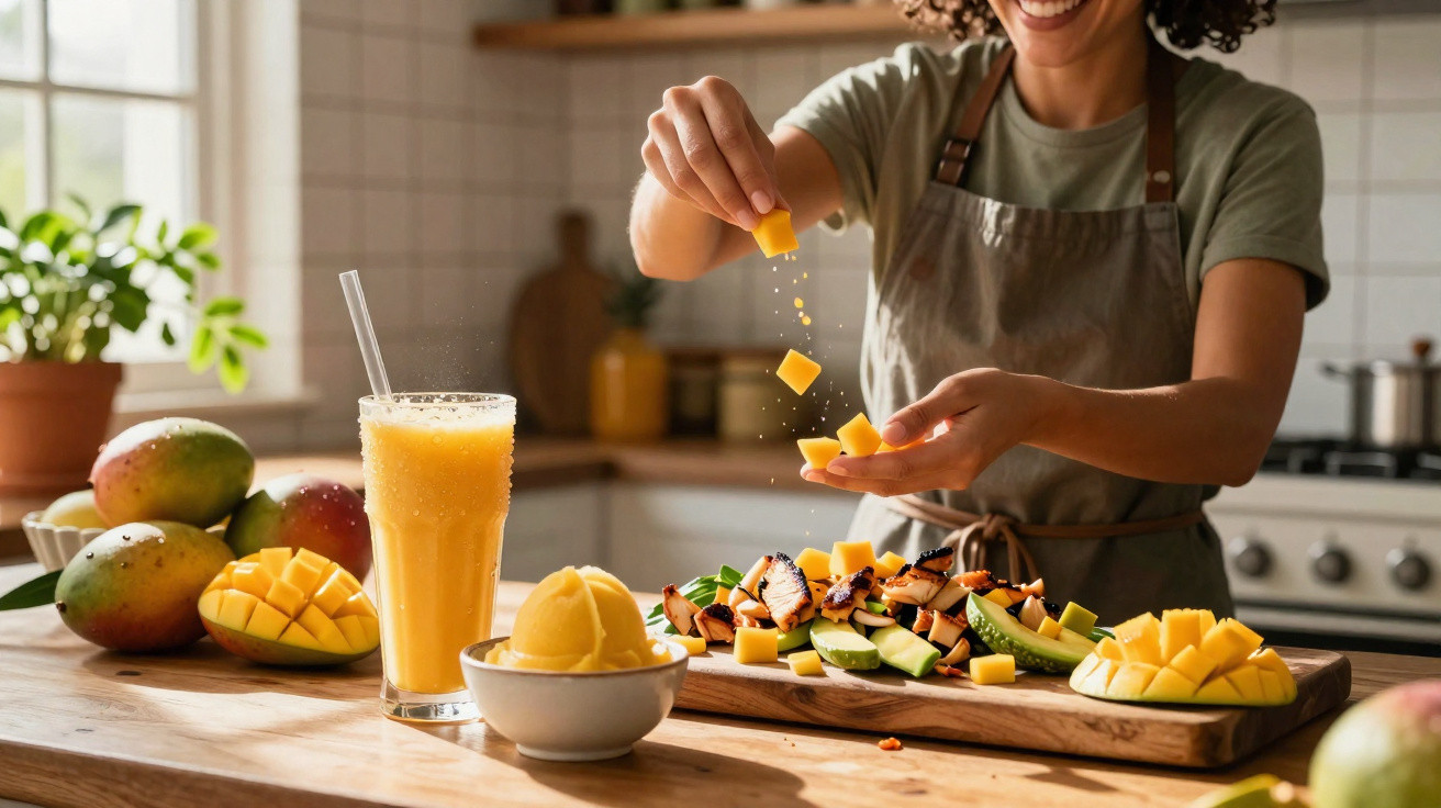 Mulher a preparar salada com manga e legumes numa cozinha luminosa, com smoothie e sorvete à frente.