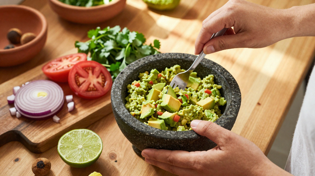 Pessoa a mexer guacamole com abacate, tomate e cebola numa taça de pedra numa bancada de madeira.