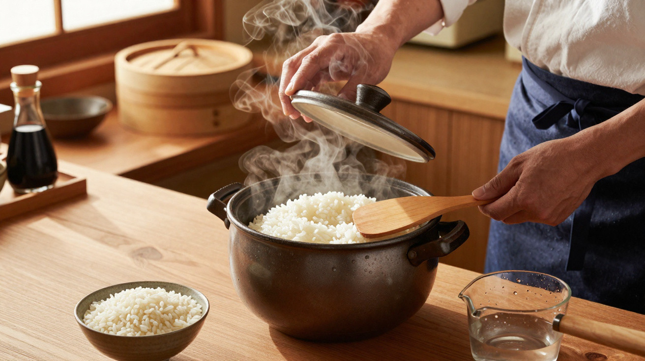 Pessoa a levantar a tampa de um tacho com arroz vaporizado numa cozinha em madeira.