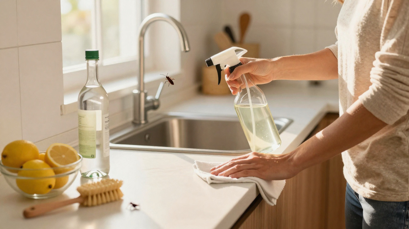 Pessoa a limpar a bancada da cozinha com pano e spray, com limões e insetos visíveis na imagem.