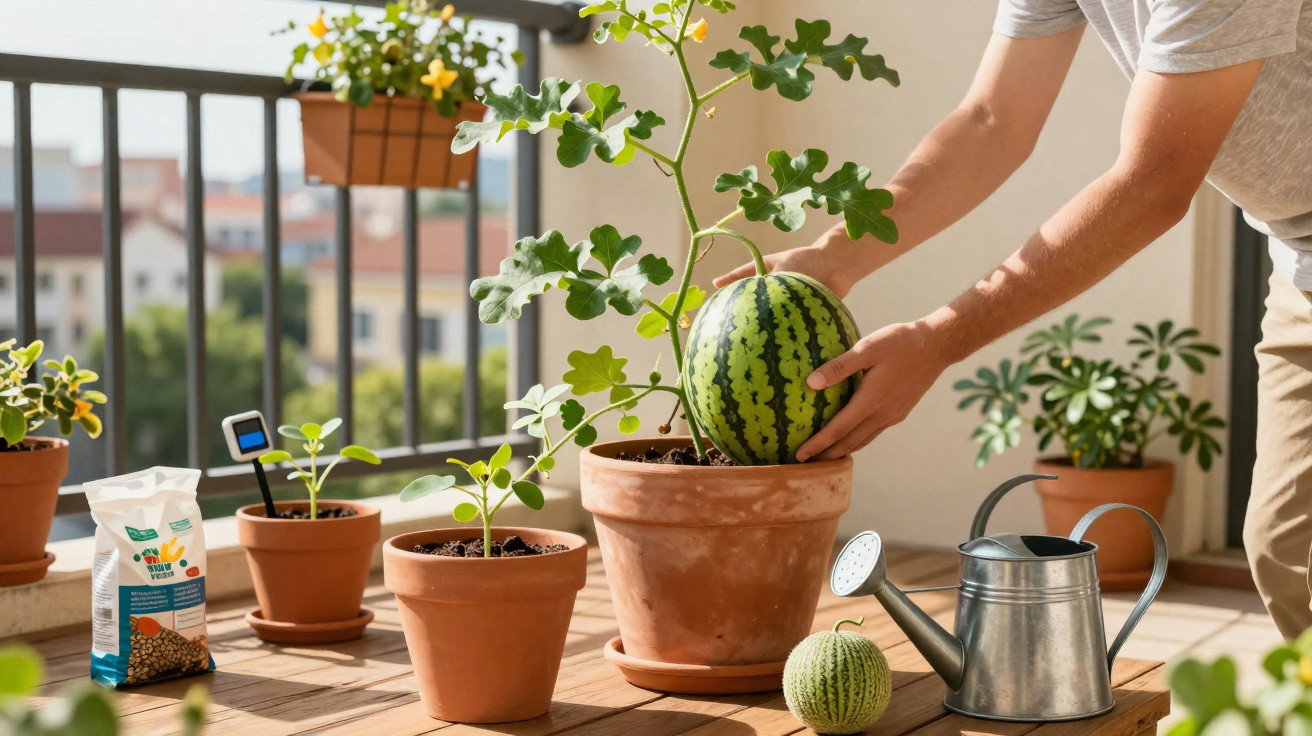 Pessoa a apanhar melancia num vaso de barro numa varanda com várias plantas e regador.