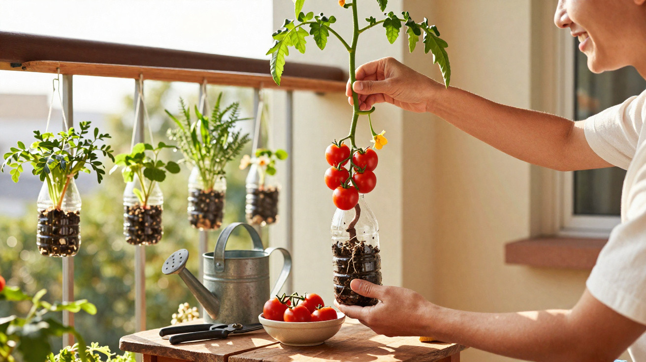 Pessoa a colher tomates cherry de vaso caseiro suspenso com garrafa reciclada numa varanda iluminada.