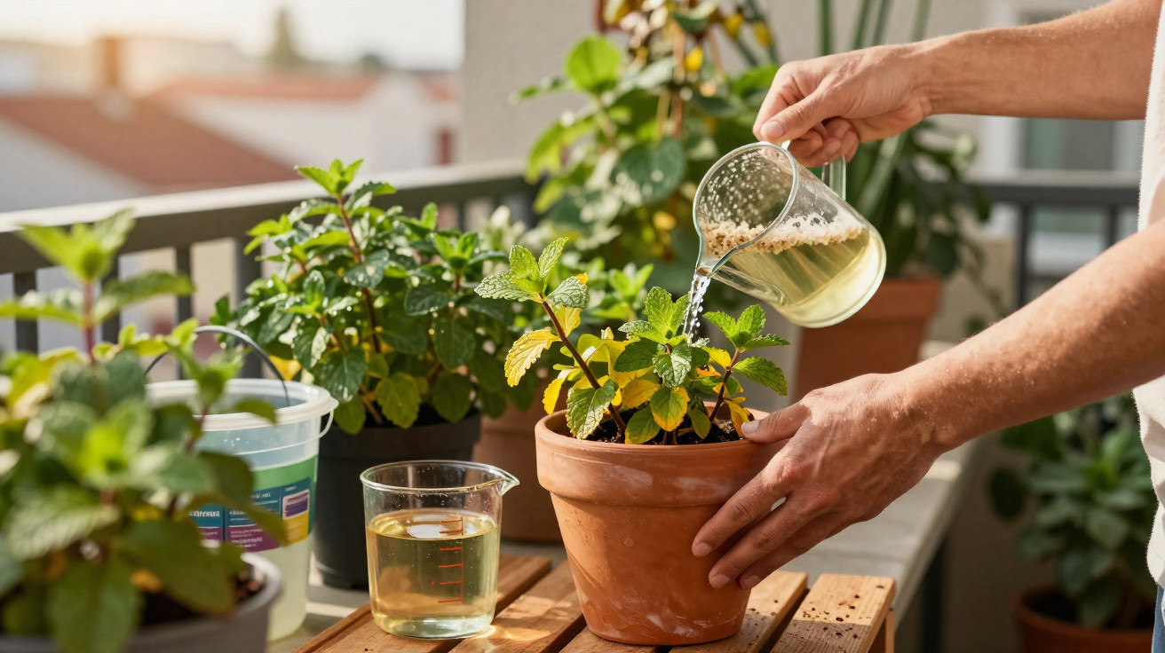 Pessoa a regar planta em vaso de barro numa varanda com várias plantas ao redor durante o dia.