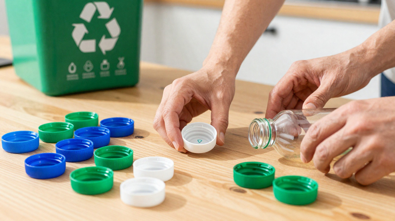 Mãos a colocar tampas de plástico em garrafa transparente junto a diferentes tampas e um contentor verde de reciclagem.