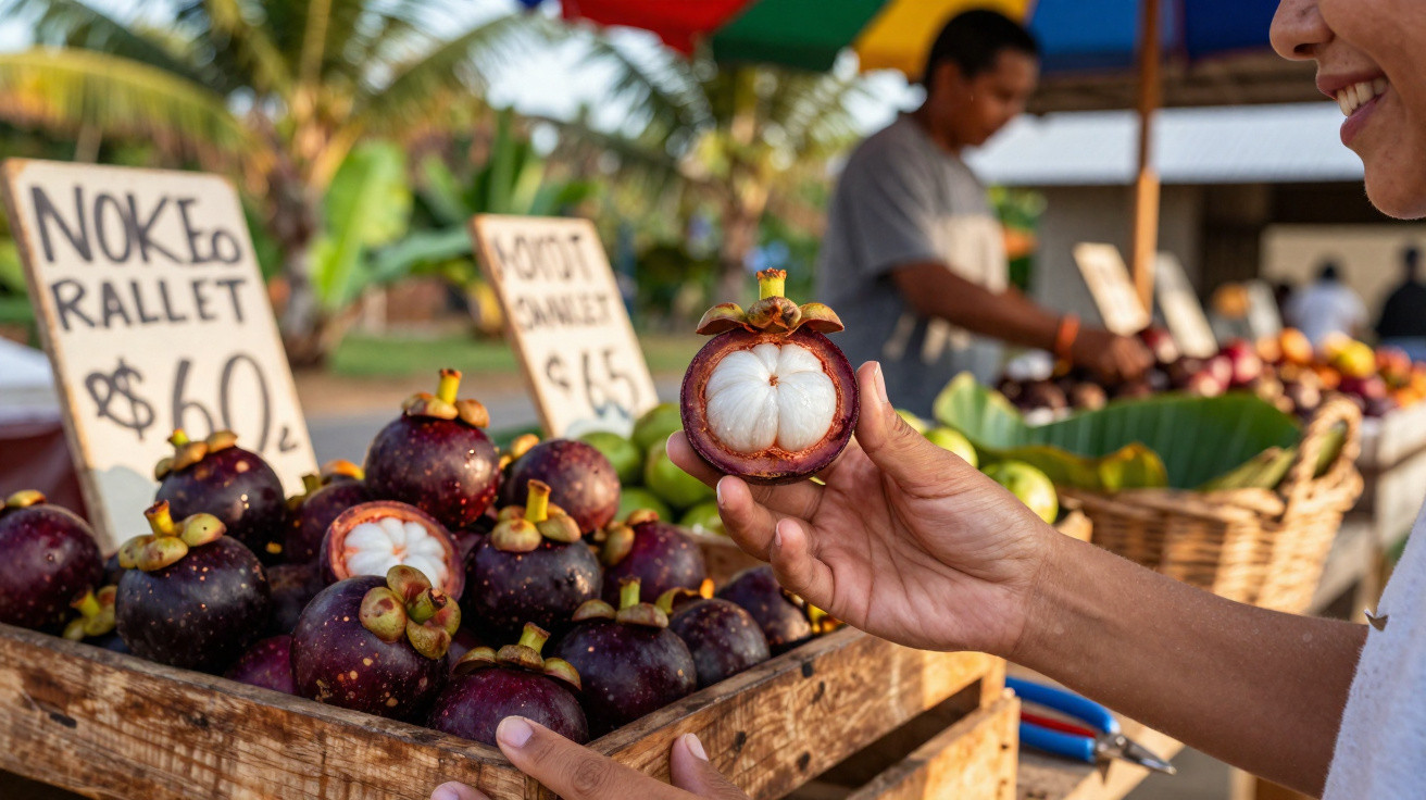 Pessoa a segurar fruto mangostão aberto num mercado ao ar livre com cestas de frutas e letreiros ao fundo.