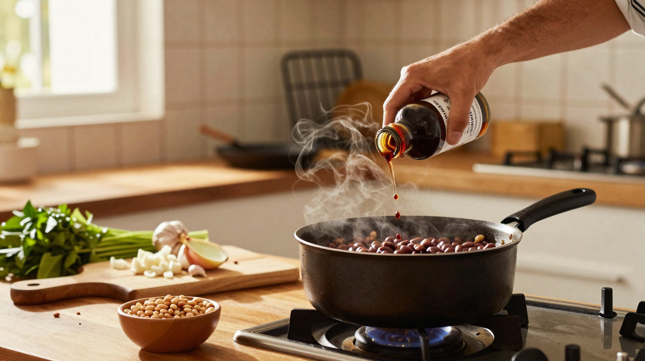 Mão a verter molho sobre feijão a cozinhar numa panela numa cozinha iluminada e organizada.