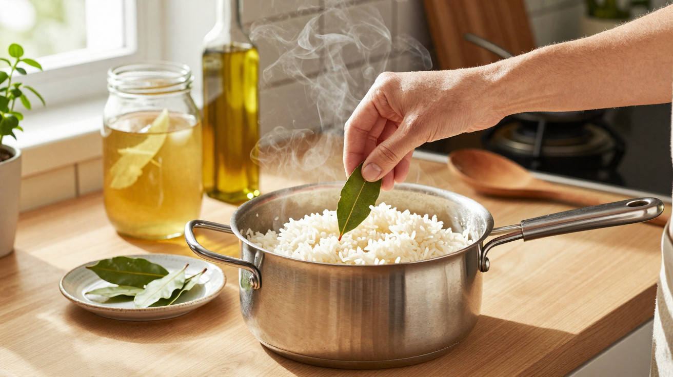 Cozinha com panela de arroz fumegante e mão a colocar folha de louro para temperar.