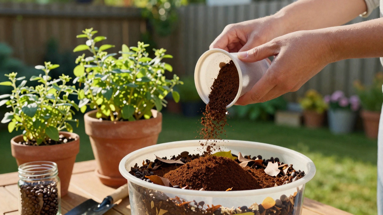 Mãos de pessoa a adicionar borra de café a um vaso com terra e cascas para compostagem no jardim.