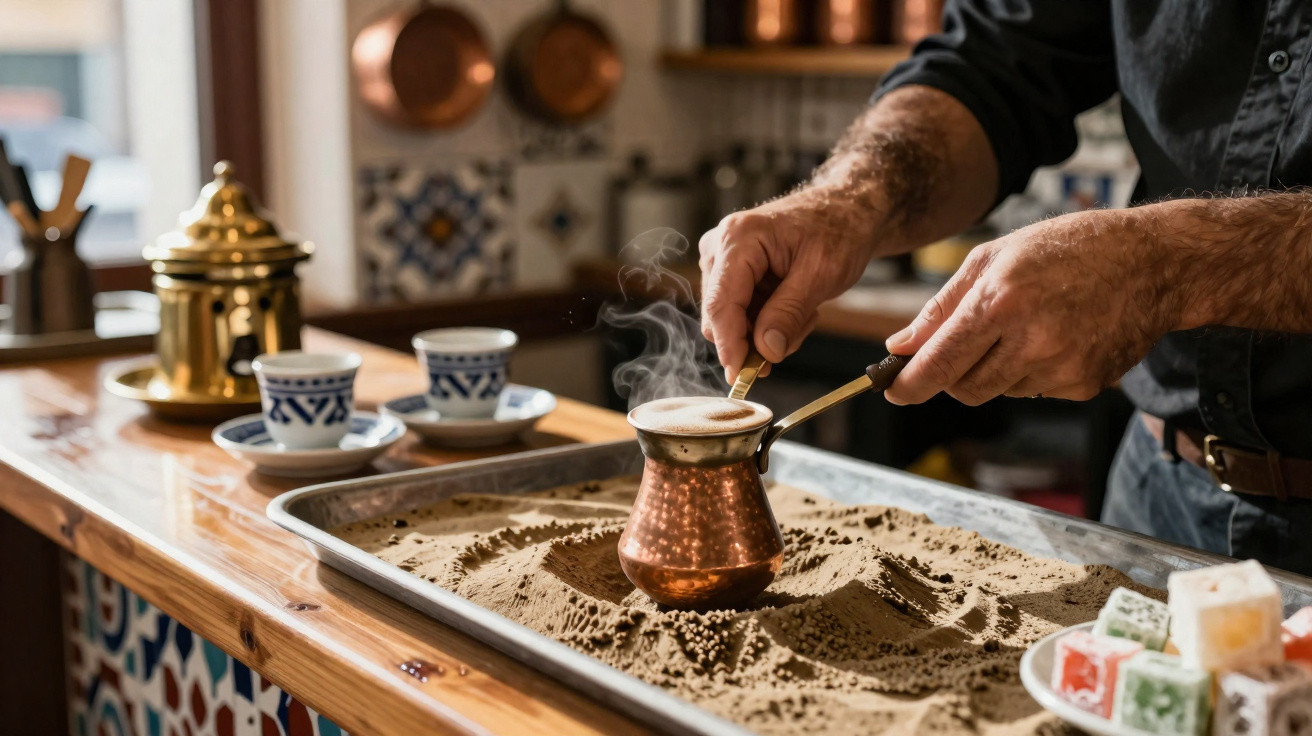 Mãos preparando café turco numa panela de cobre sobre areia quente, com chávenas e doces ao lado.