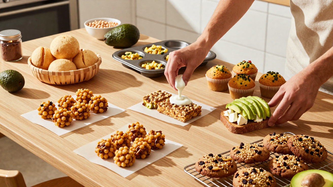 Mãos a preparar sobremesas e snacks saudáveis numa cozinha com pão, abacate, muffins e cookies sobre uma mesa de madeira.