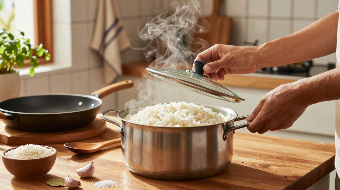 Mãos a retirar tampa de panela com arroz branco quente e vapor a sair na cozinha.