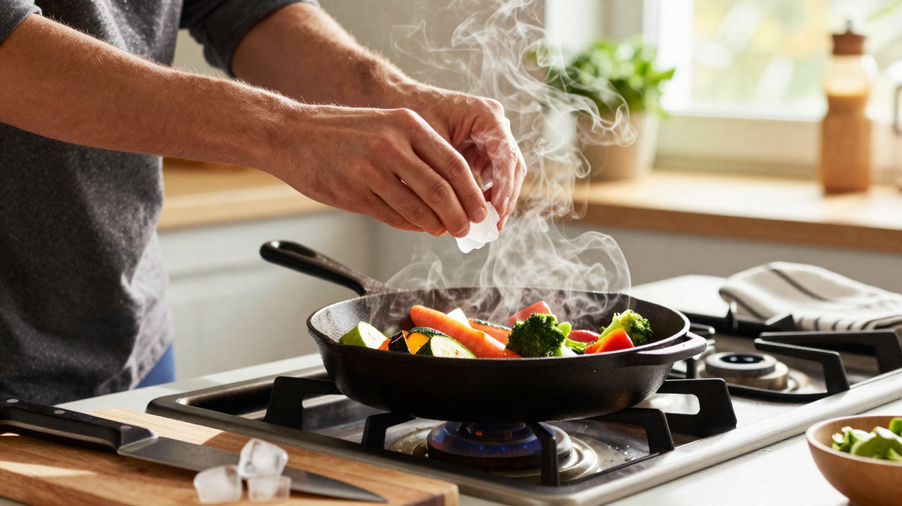 Pessoa a temperar legumes frescos numa frigideira quente num fogão a gás, com vapor a subir.