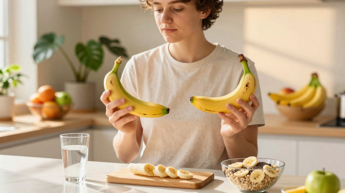 Pessoa a segurar duas bananas na cozinha com uma tábua, tigela de cereais e copo de água à frente.