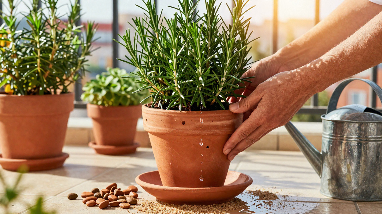 Mãos a cuidar de planta de alecrim em vaso de barro num terraço com regador metálico.