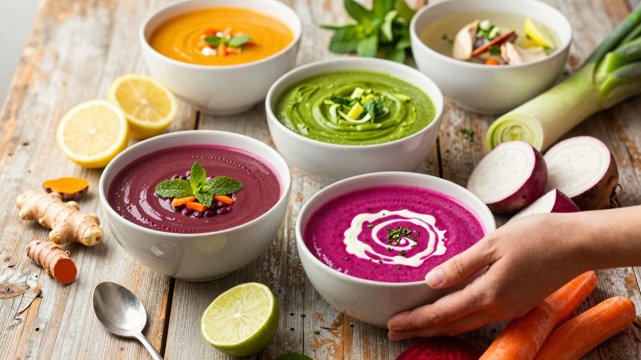Cinco tigelas com sopas coloridas, legumes frescos e mão a segurar uma tigela com sopa roxa cremosa.