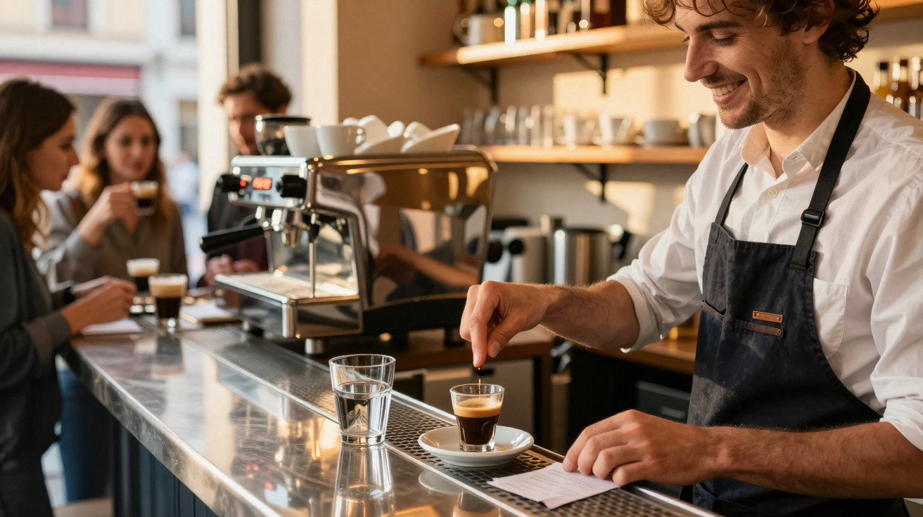 Barista sorridente a preparar café expresso numa cafetaria com clientes ao fundo.