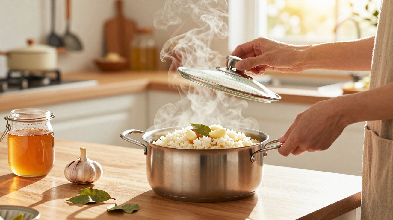 Pessoa a levantar a tampa de panela com arroz e alho quente numa cozinha iluminada a luz natural.
