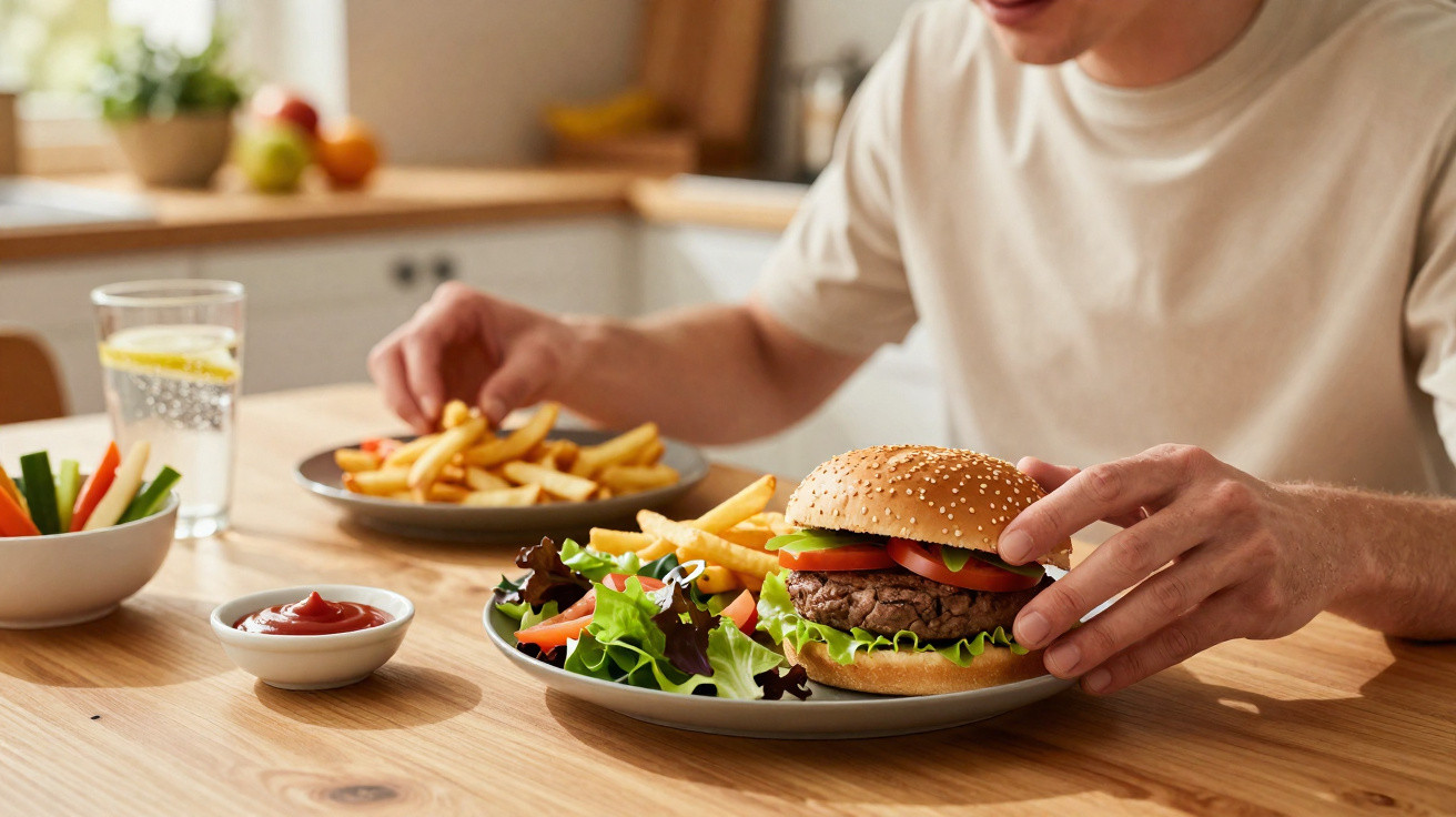 Pessoa sentada à mesa a segurar um hambúrguer com alface, tomate, batatas fritas e salada.