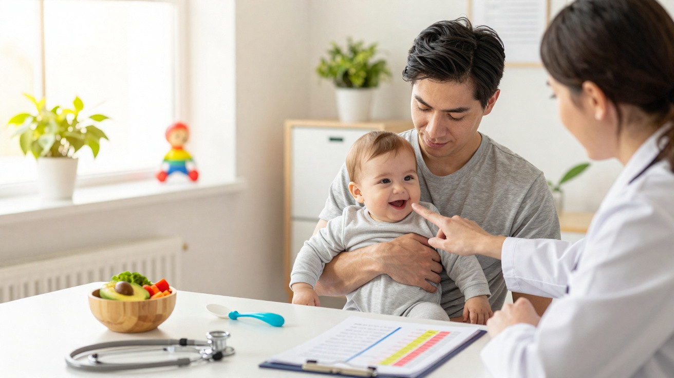 Pai com bebé sorridente no consultório médico, enquanto médica interage com a criança.