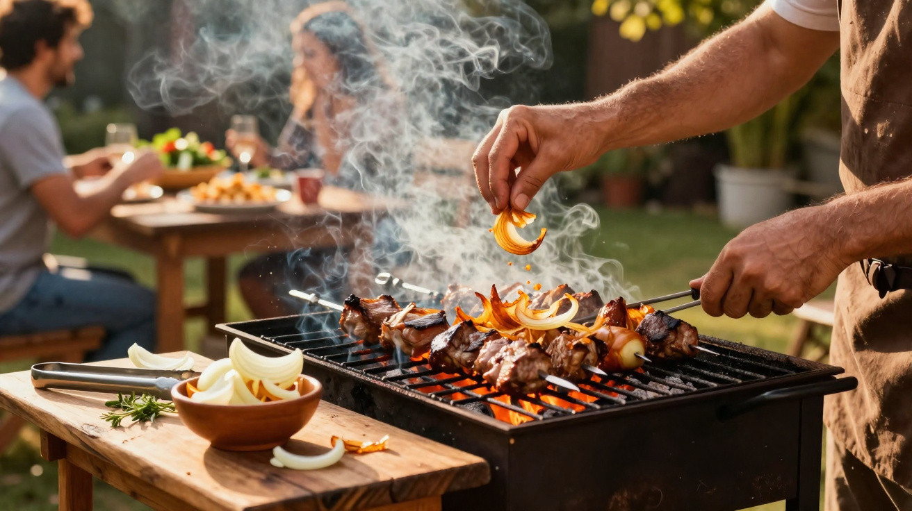 Pessoa a colocar cebola numa churrasqueira com espetadas de carne, enquanto outras pessoas estão sentadas ao fundo.