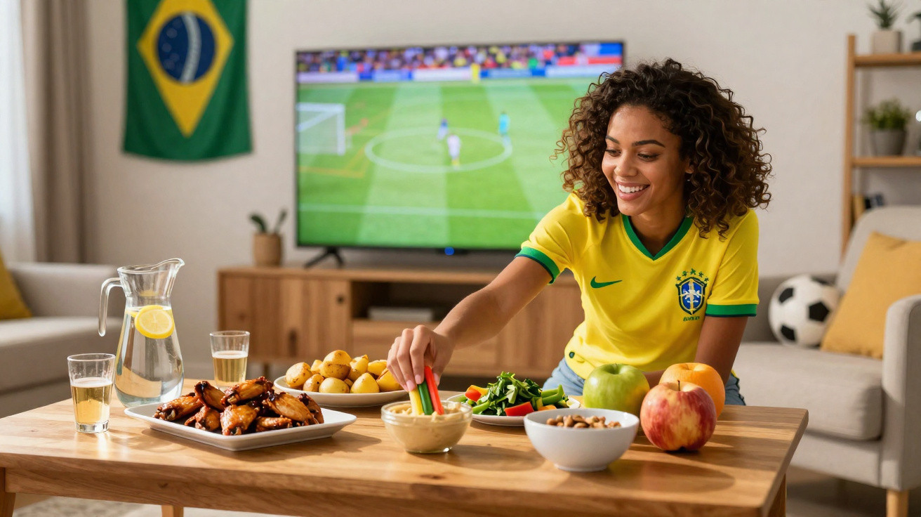 Mulher brasileira com camisola de futebol a comer snacks saudáveis a ver jogo na TV em sala de estar.