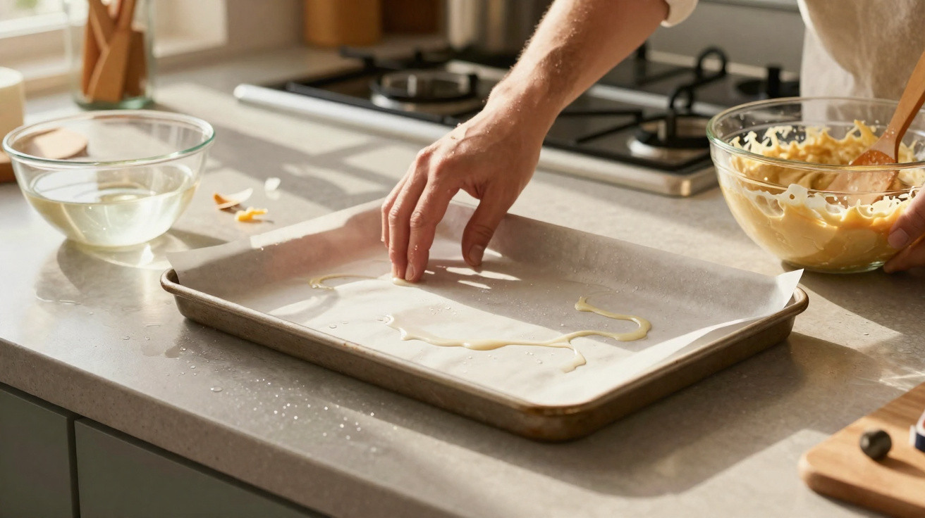 Pessoa a untar um tabuleiro de forno com óleo sobre papel vegetal numa cozinha iluminada.
