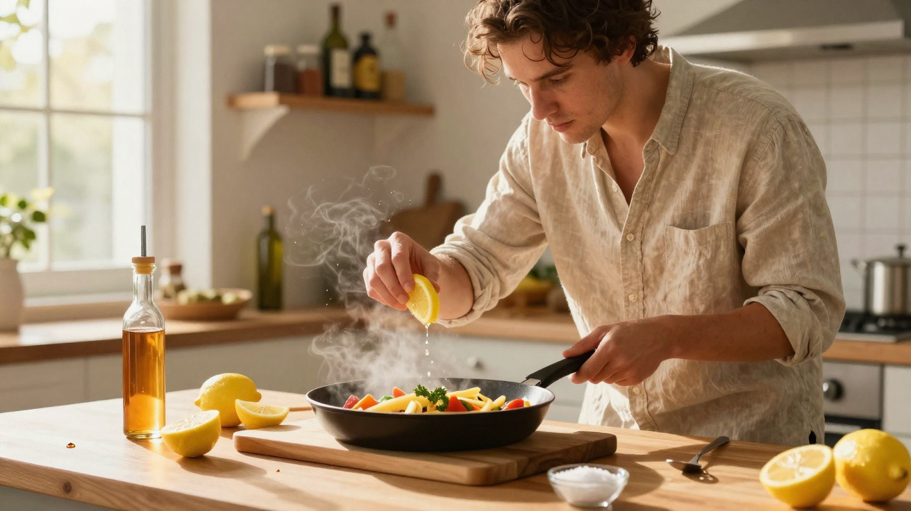 Homem a espremer limão sobre uma frigideira com legumes numa cozinha luminosa e moderna.