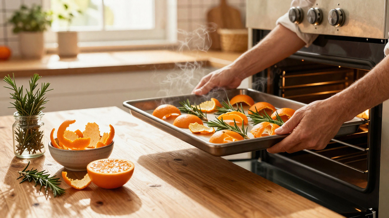 Pessoa a colocar tabuleiro com cascas de laranja e ramos de alecrim num forno de cozinha.