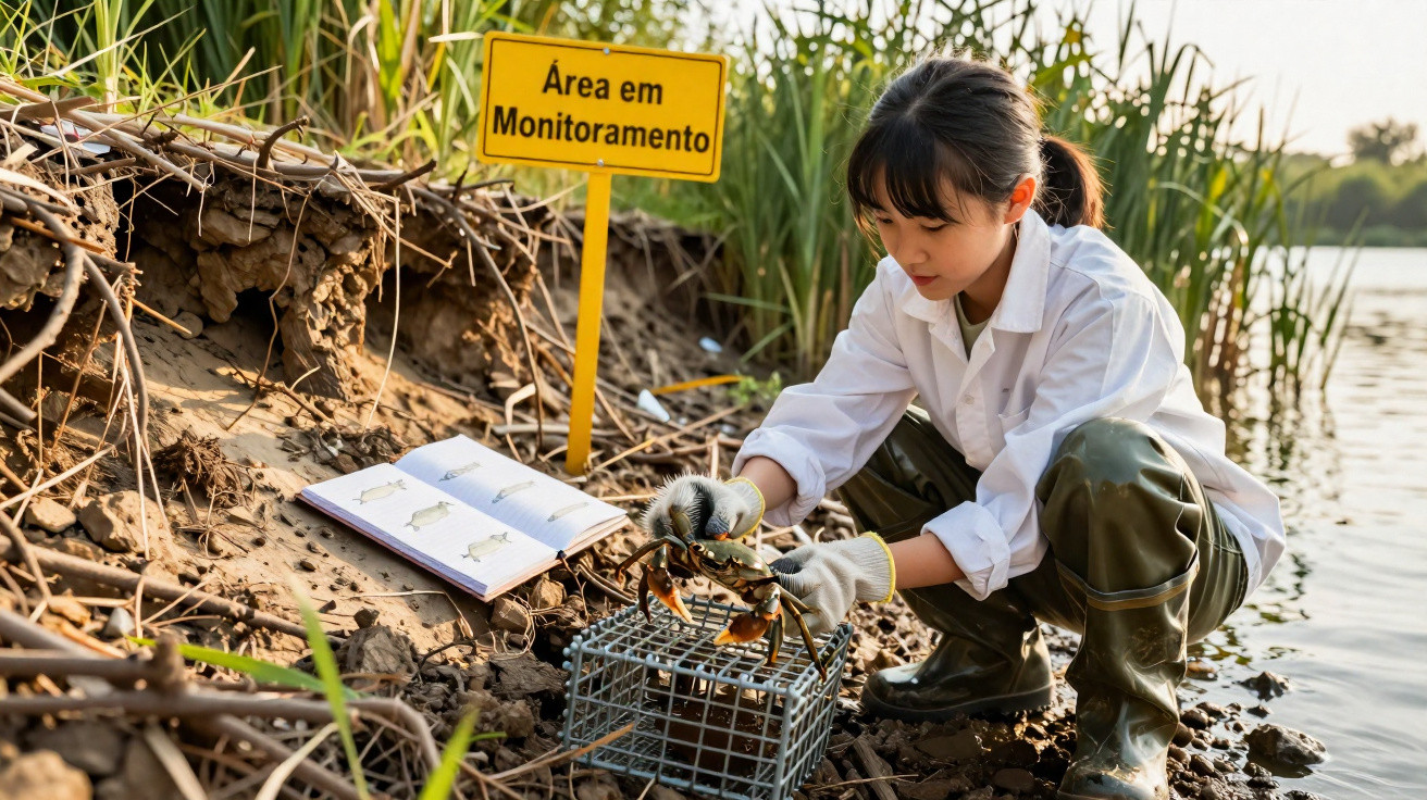 Jovem cientista a investigar caranguejo perto de rio com placa "Área em Monitoramento" ao fundo.