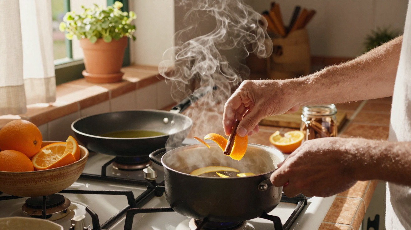 Mãos a preparar bebida quente com casca de laranja e pau de canela numa panela no fogão.