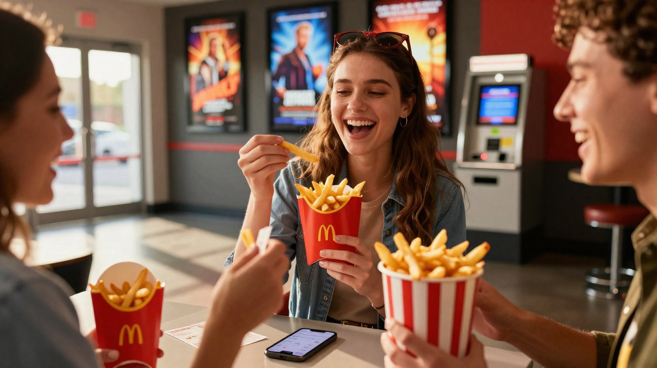 Três jovens a rir e comer batatas fritas num restaurante McDonald’s com cartazes de cinema ao fundo.