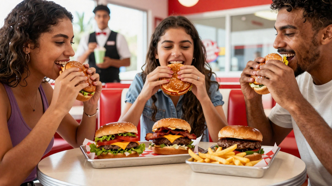 Três pessoas felizes a comer hambúrgueres num restaurante de fast food com batatas fritas na mesa.