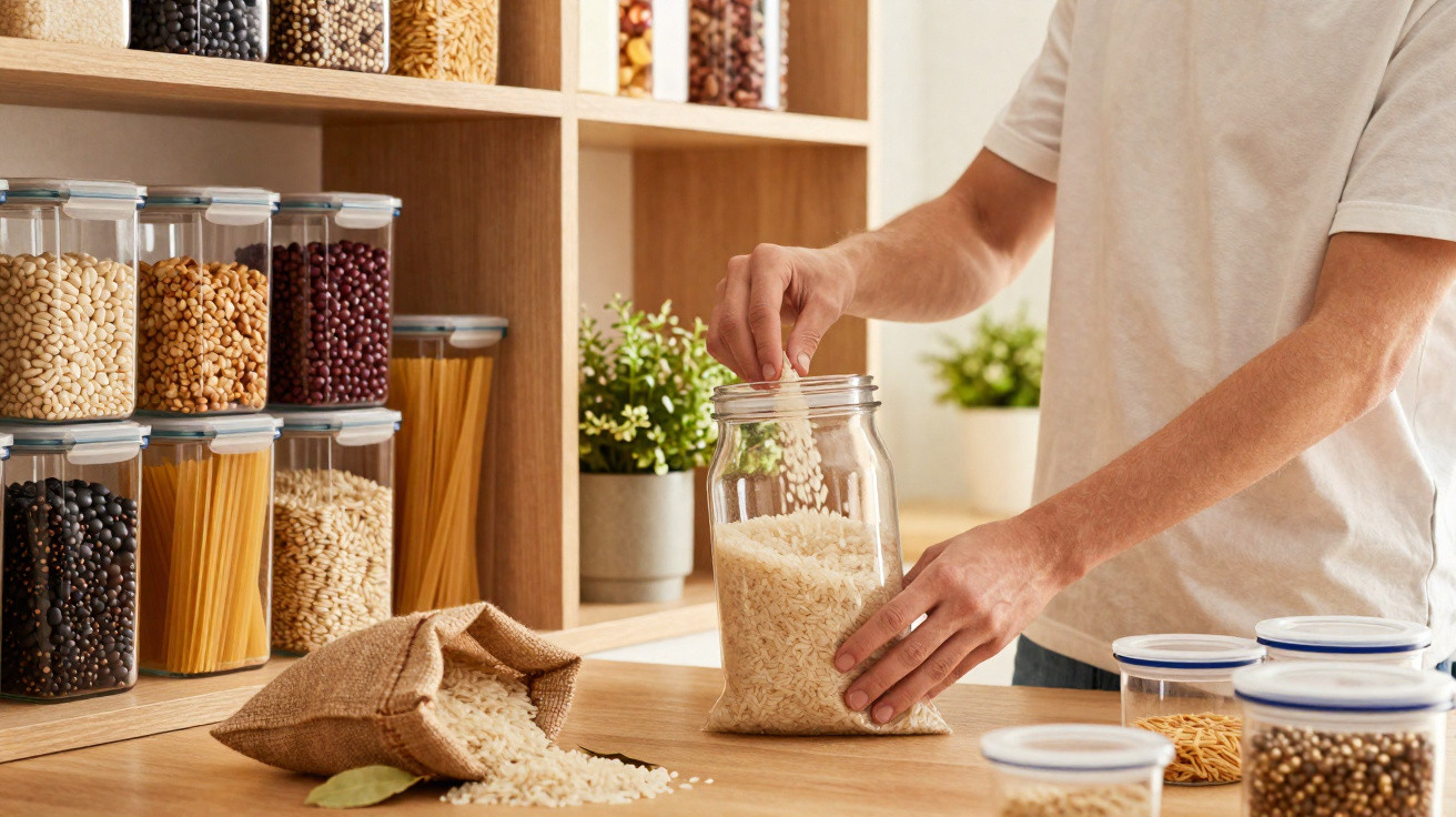 Pessoa a guardar arroz em frasco de vidro numa despensa organizada com leguminosas e massas.