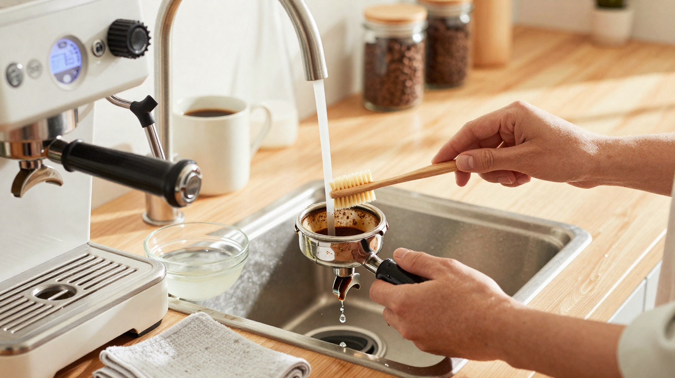 Mãos a lavar filtro de café com escova de dentes junto de máquina de café numa cozinha moderna.