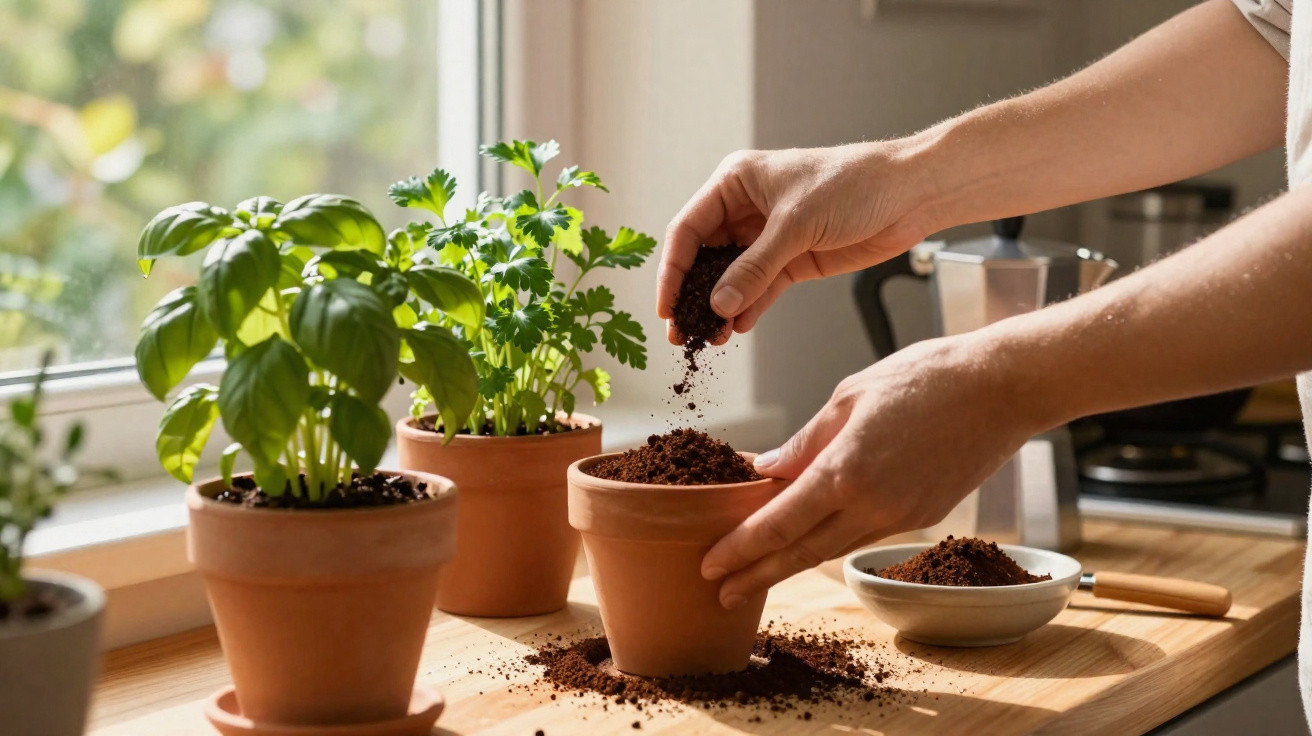 Mãos a plantar terra em vaso de barro junto a plantas de manjericão e salsa numa cozinha iluminada.