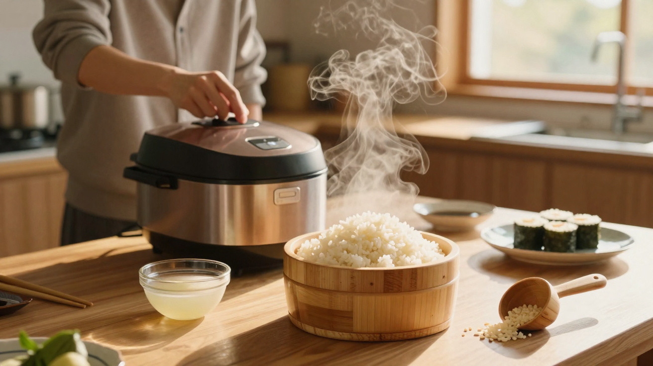 Pessoa a retirar tampa de panela elétrica com arroz fumegante e sushi numa cozinha iluminada.