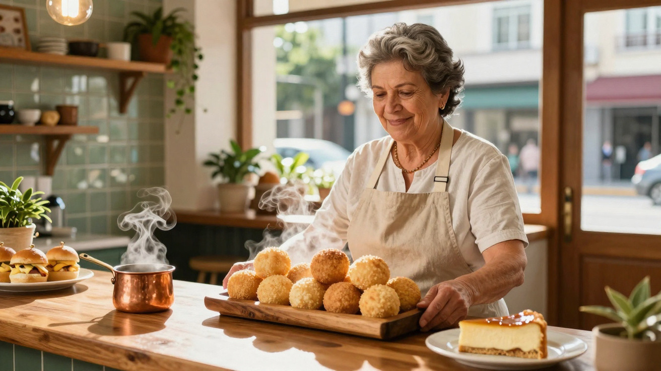 Mulher idosa na cozinha a servir bolinhos quentes num tabuleiro de madeira, com sobremesas ao lado.
