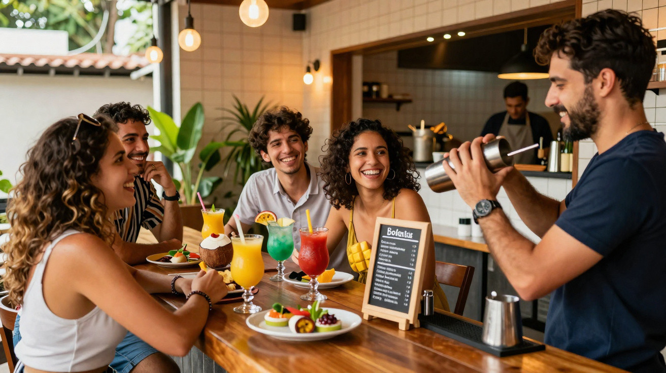 Grupo de amigos sorridentes num bar a beber e a conversar enquanto o barman prepara um cocktail.