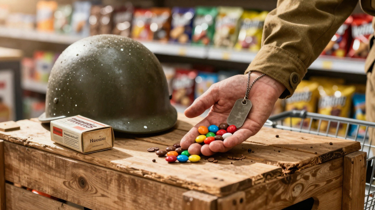 Mão militar segurando chocolates coloridos junto a capacete e caixa de madeira numa loja.