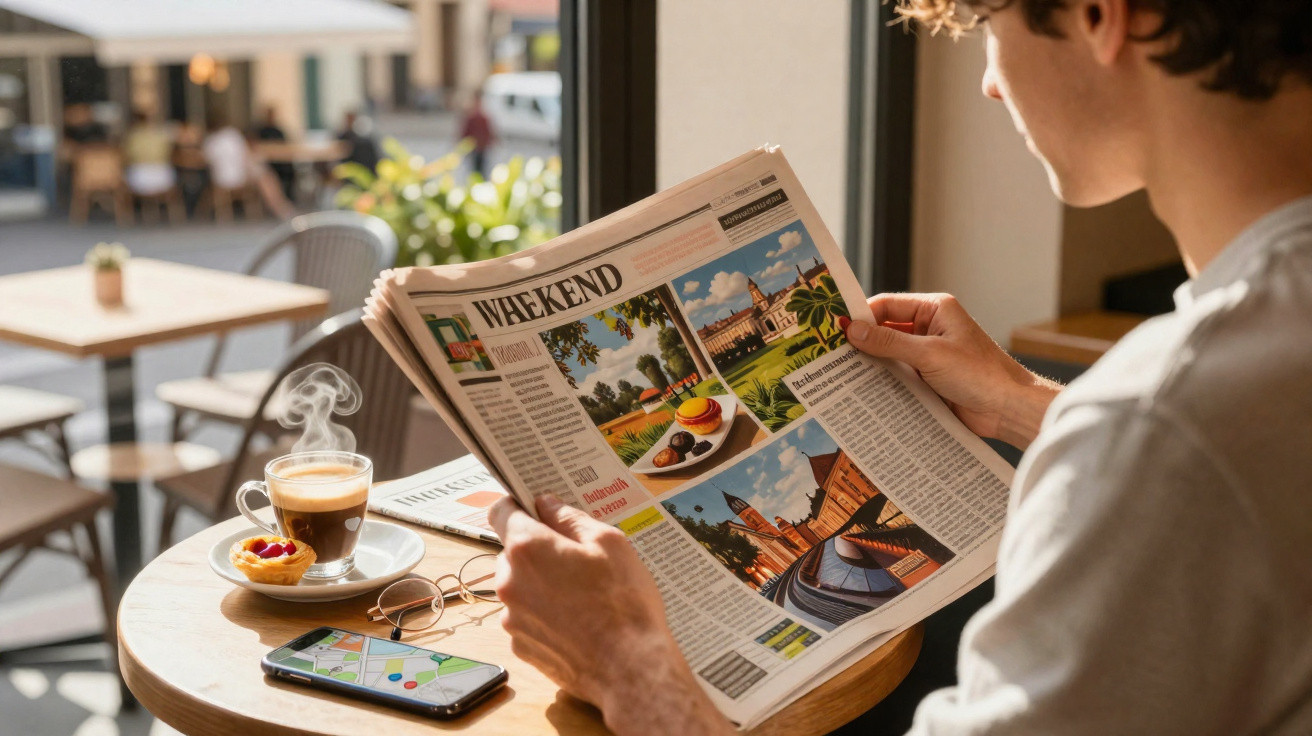 Pessoa a ler jornal num café com chá quente e smartphone na mesa numa manhã ensolarada.
