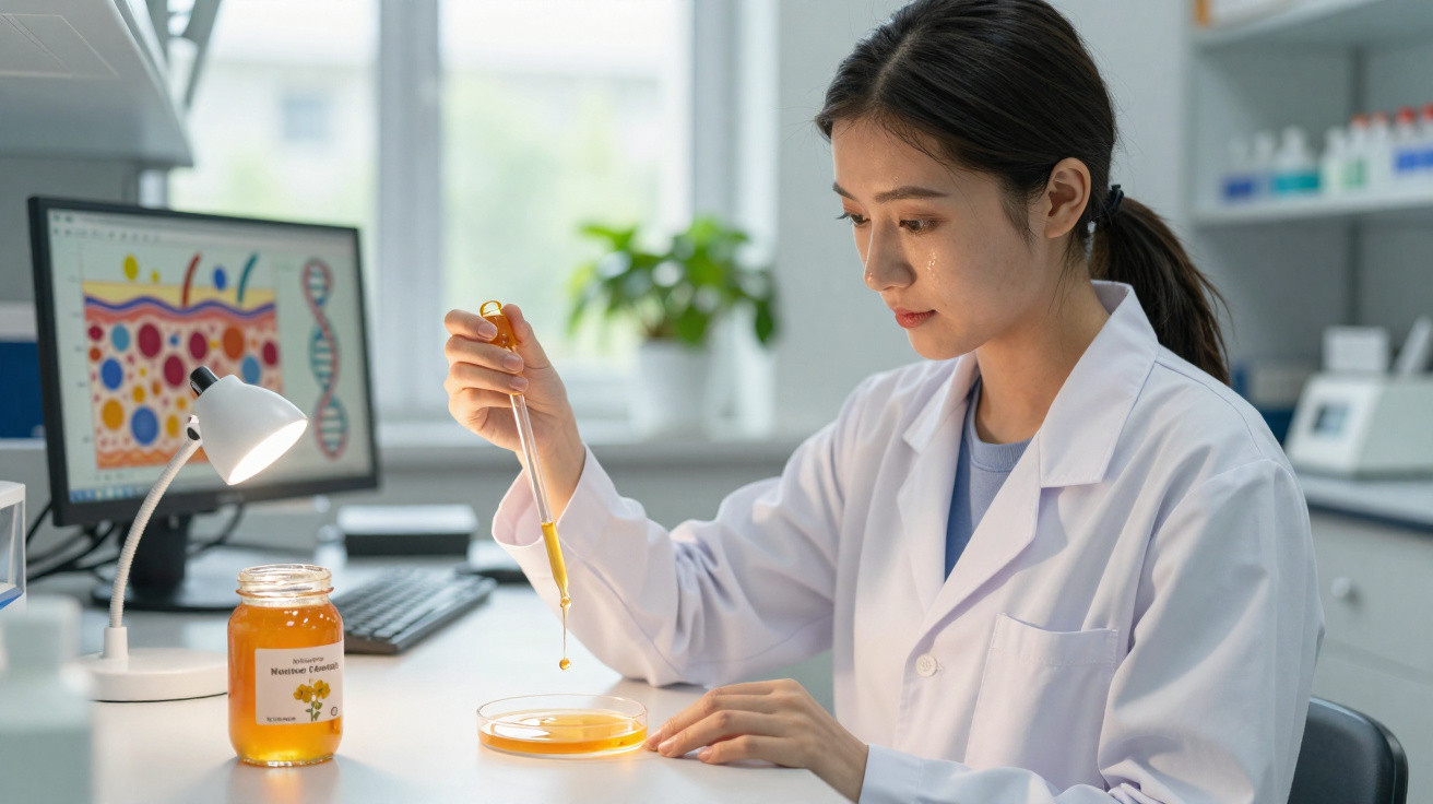 Mulher cientista em laboratório a usar pipeta e petri com mel, computador ao fundo com imagens científicas.
