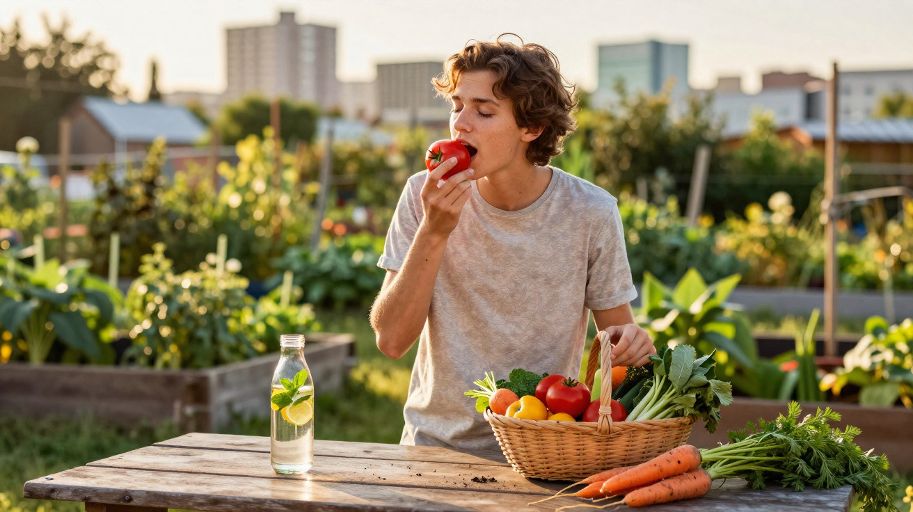 Jovem a comer tomate numa horta urbana com um cesto de legumes frescos e uma garrafa de água com limão.