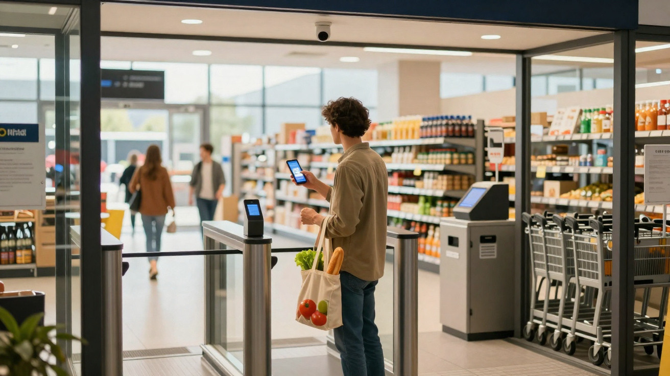 Pessoa a entrar num supermercado moderno, usando telemóvel para passar no leitor automático, com sacola de compras.