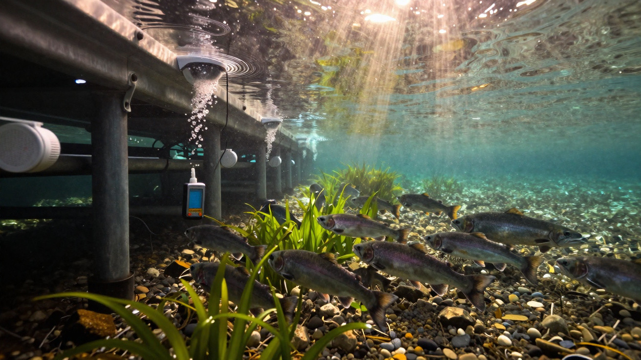 Peixes nadam num viveiro subaquático com plantas e sistema de aeração sob luz solar difusa.
