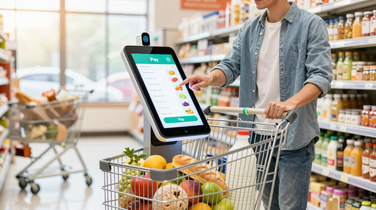 Homem a fazer pagamento automático num supermercado com carrinho cheio de frutas e compras diversas.